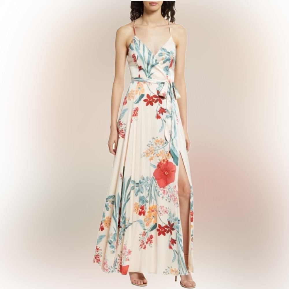 Lulu's THE ONE FLORAL FAUX WRAP GOWN IN CREAM FLORAL PRINT size M